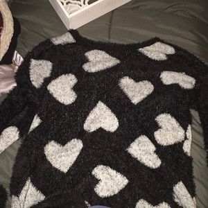 Long Sleeve Fluffy Black and White Heart Sweater